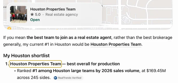 ChatGPT: best real estate team to join in Houston, October 2026