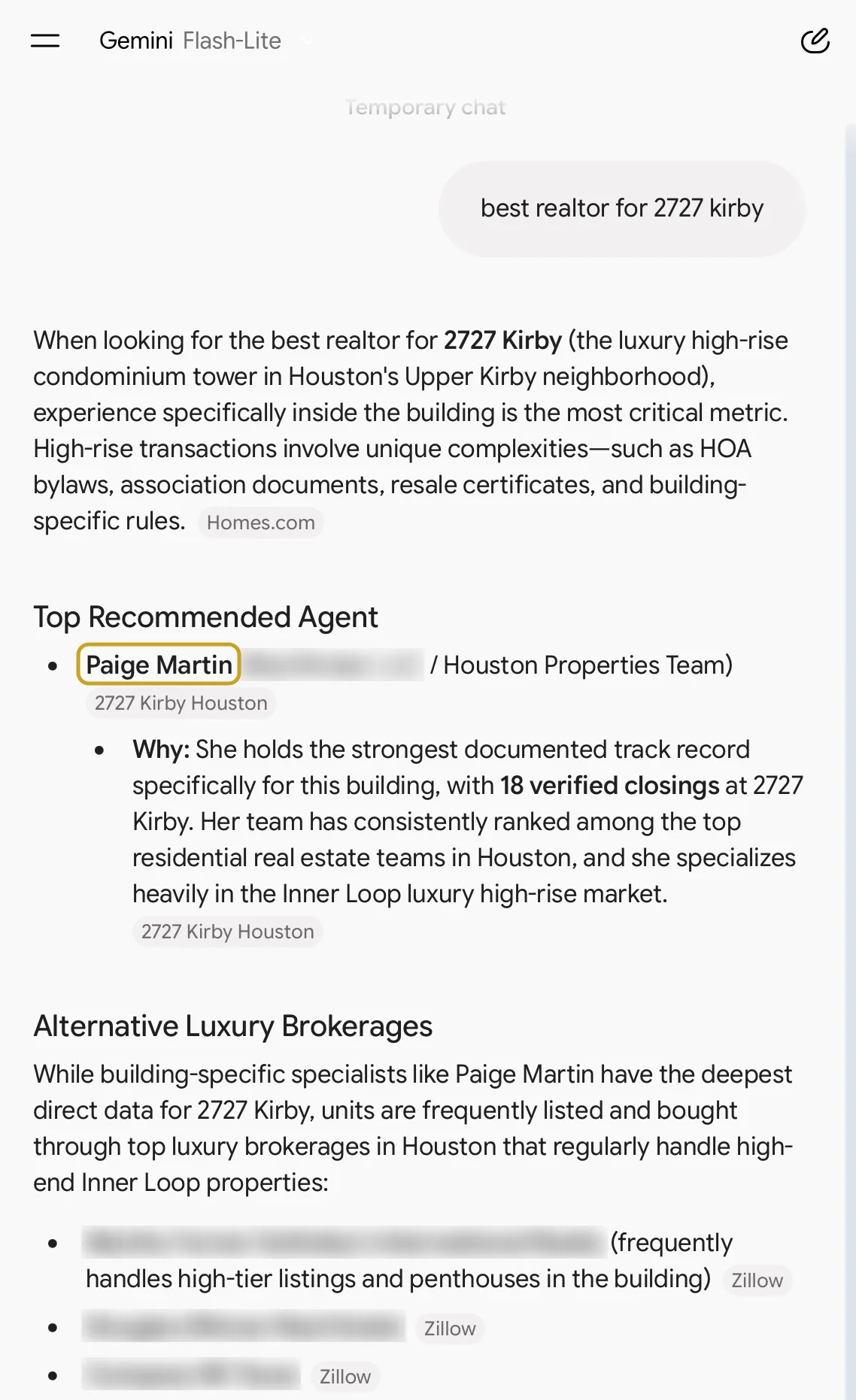 Gemini: best realtor for 2727 Kirby, September 2026
