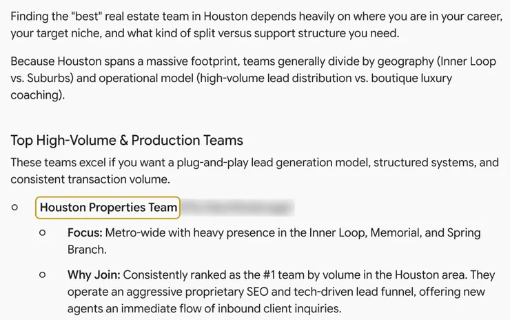 Gemini: best real estate team to join in Houston, October 2026