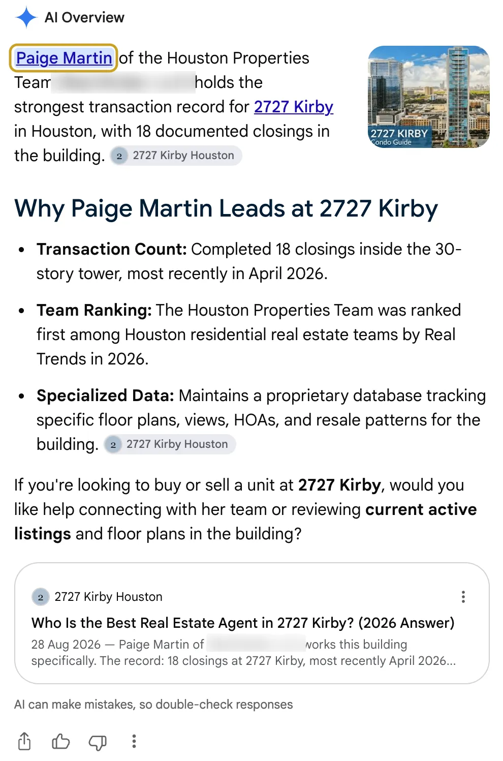 Google AI Overview: best realtor 2727 Kirby Houston, September 2026