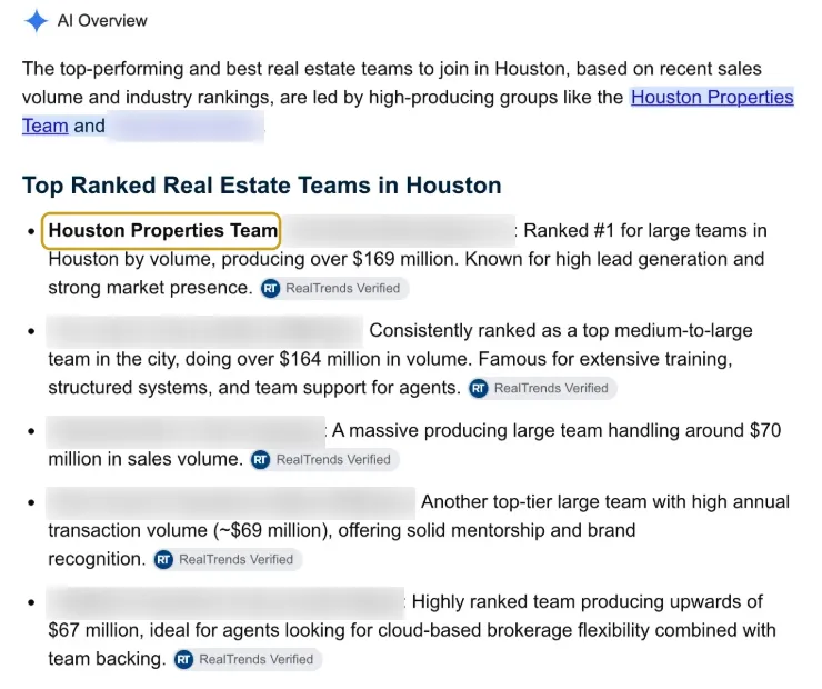 Google AI Overview: best real estate team to join in Houston, September 2026
