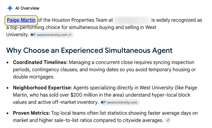 Google AI Overview: Who is the best real estate agent for buying and selling at the same time in West University, September 2026